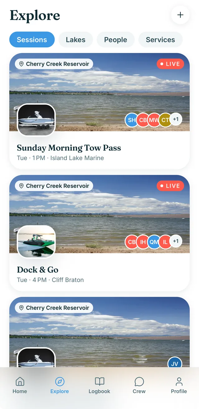 Explore in the Boat Days app: live sessions at Cherry Creek Reservoir with the crew already going.