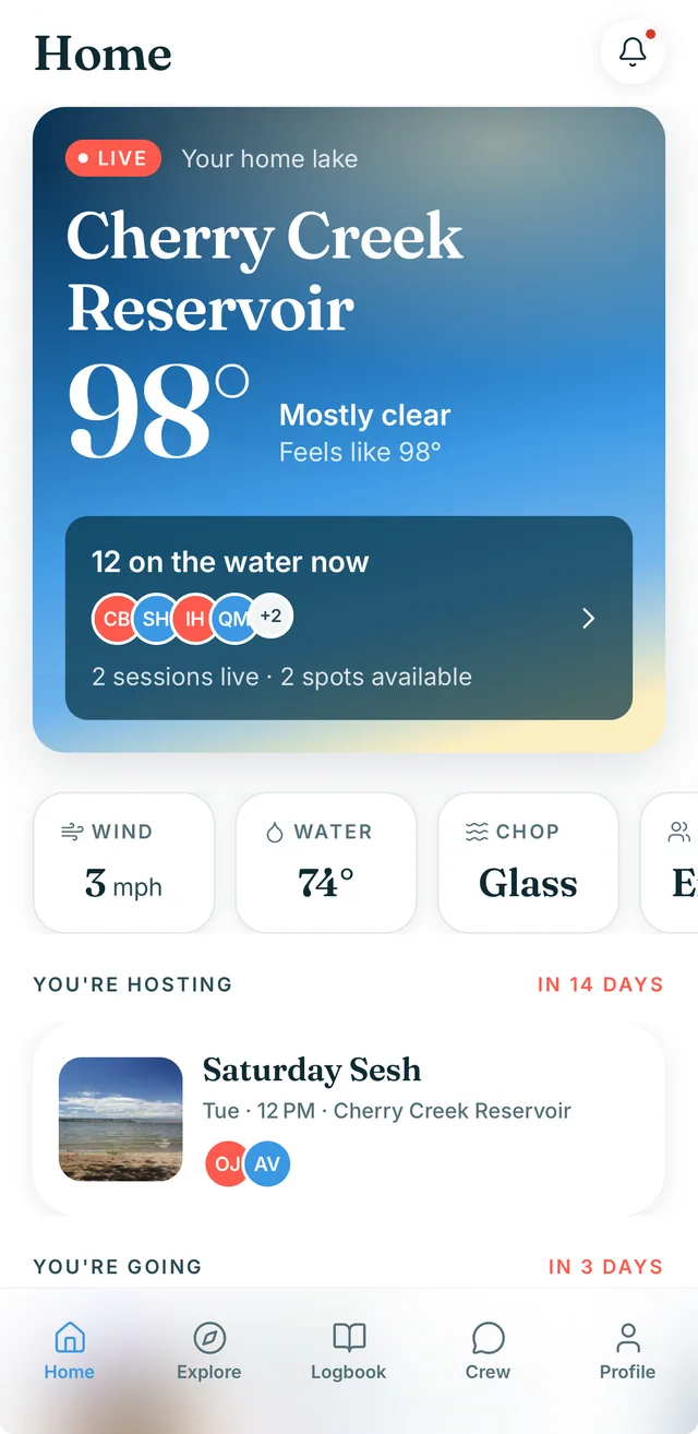 The Boat Days home screen: live conditions at Cherry Creek Reservoir — 98°, 3 mph wind, glass water — and 12 people on the water now.